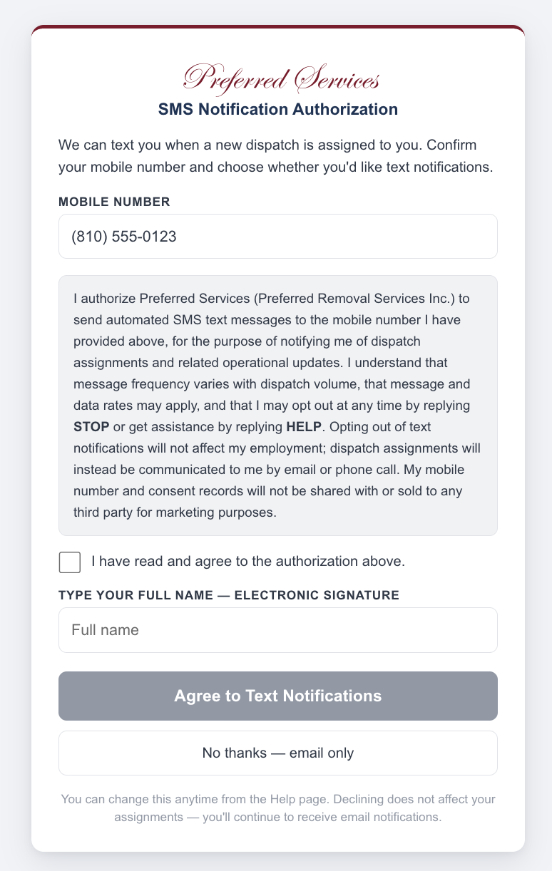 Screenshot of the SMS Notification Authorization step in the Preferred Services driver application: a mobile number field, the authorization language, an agreement checkbox, a typed-name electronic signature field, and Agree / No thanks buttons.